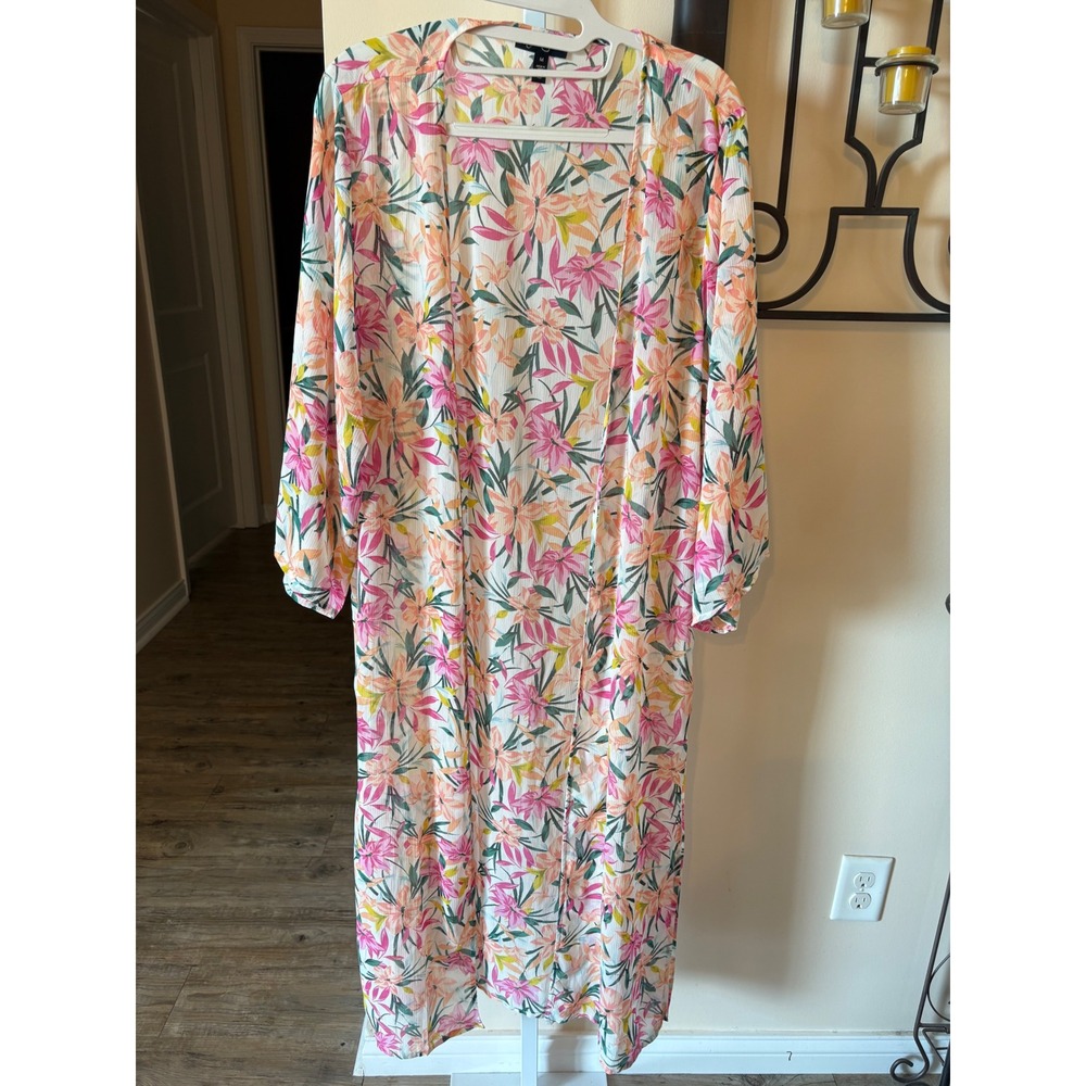 Jessica Simpson Floral Duster Kimono Pink Orange Tropical Open Front Medium
